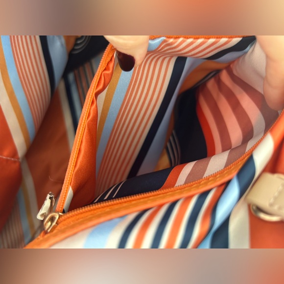 NWOT Spartina 449 Orange Navy Blue Tote Bag with Multi-color Silky Lining - Picture 10 of 15